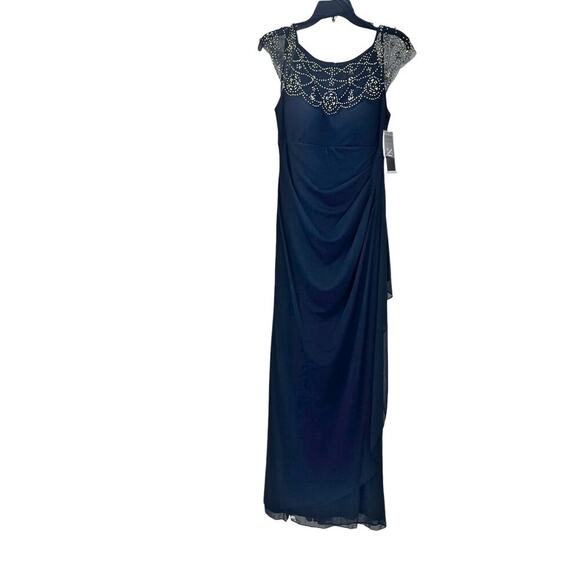 X By XSCAPE Embellished Illusion Neck Ruffle Gown Short Sleeves Navy Size 8 NWT - Picture 13 of 13